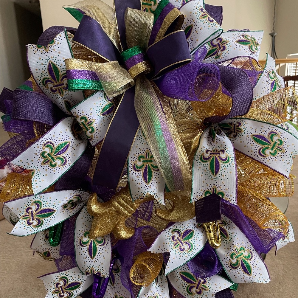 Festive Mardi Gras Deco Mesh Wreath with Ribbons and Attachments!